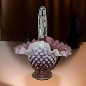 Fenton Pink Cranberry Opalescent Hobnail Basket Ruffled Top Mint Art Glass Gift